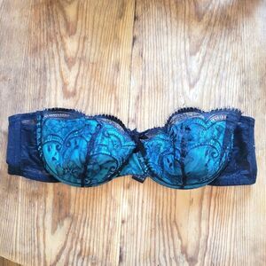 M&S Strapless Balconette Teal and Black Lace Bra